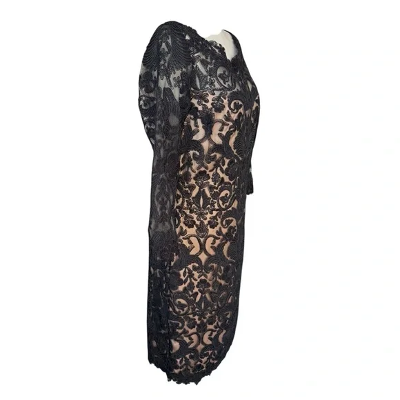 Tadashi Shoji Black Corded Embroidery Tulle 3/4 Sleeve Lace Dress Evening 12 - Picture 3 of 16